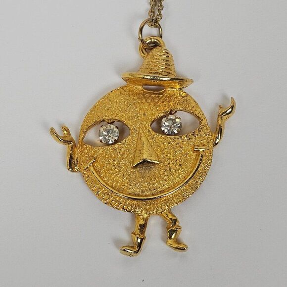 Vintage Smiley Face Rhinestone Pendant Necklace Dangle Eyes Cowboy Hat Gold Tone - Picture 5 of 13